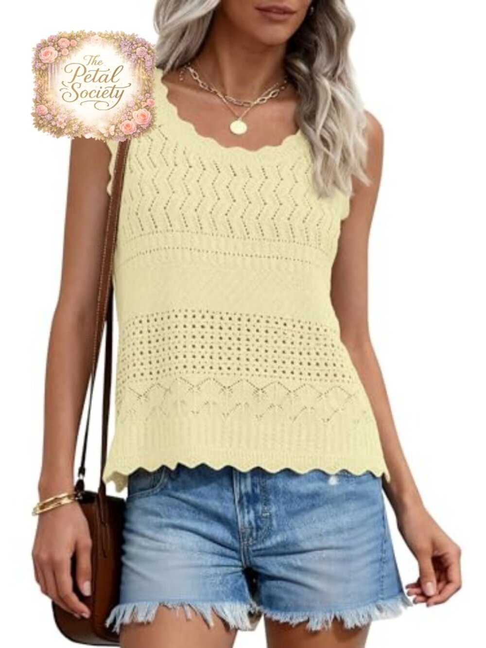 Crochet Knit Tank Top Sleeveless Wave Hem Boho Summer Vest